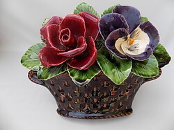 Fagyálló kültéri, antik Francia pirogránit porcelán,  virágkosár, emléktábla tartó.