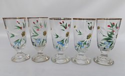 Bíder jellegű 5 db kézzel festett vastag talpas ,aranyozott fúvott üvegpohár.1940-50 évek