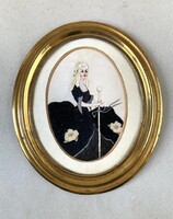 FEKETE ESTÉLYI RUHÁS NŐ, PÁLCÁVAL A KEZÉBEN, HÍMZETT, FESTETT ANTIK FALIKÉP OVÁLIS ARANY KERETBEN