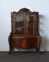 1T157 Antik angyal intarziás faragott barokk vitrin 193 cm