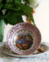 Altwien jellegű, bájos zsáner jelenetes finomporcelán mokkás csésze szett, hibátlan