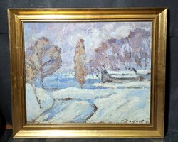 Dorogi Imre (1890-1976): Havas táj (olajfestmény arany keretben) téli tájkép, szegedi festő