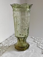 Magyal ág/ virágmintás világos mohazöld antik üveg váza igazi vintage üveg szépség az1930 as évekből
