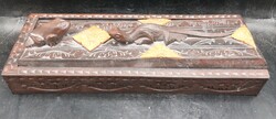 Antik kézzel faragottt evőpálcika készlet, dobozával, 26x12 cm-es. 8835