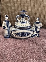 Gzhel kétfigurás, fedeles porcelán kínáló hibátlan állapotban eladó!