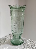 Magyal ág/virágmintás világos mentazöld antik üveg váza igazi vintage üveg szépség az1930 as évekből