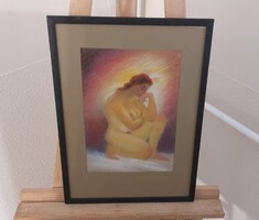 (K) Női akt pasztell kép 32x44 cm kerettel