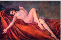 XX.sz. eleje, magyar festő- Akt vörös drapérián- 72x110,5 cm