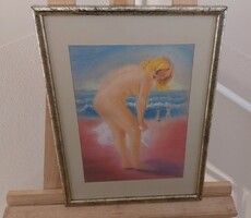 (K) Női akt pasztell kép 30x42 cm kerettel
