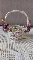 Angol, lilavirágos rácsozott füles porcelán kosár,  jelzett, kézi készítés-festés kívül-belül