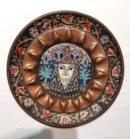 MESÉS, KÜLÖNLEGES, RETRO IPARMŰVÉSZETI FESTETT /TŰZZOMÁNC/ NAGY RÉZ FALI TÁL, 31 CM - ALKUDHATÓ!
