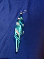 RÉGI ÜVEG KARÁCSONYFADÍSZ - JÉGCSAP Türkiz színű ezüstőzéssel