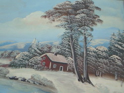 Jelzett  téli táj  jelenettel. Olaj-faros. 78x59 cm kerettel. Nagyon szépen megfestett. AKCIÓ!!