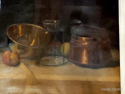 Molnár Z. János (1880-1960) Konyhai csendélet réz bográccsal réz habüsttel