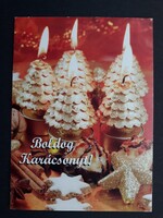 Karácsonyi képeslap - Gyertya, Díszek, Fahéj témájú, retró üdvözlőlap, régi levelezőlap