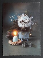 Karácsonyi képeslap - Gyertya, Fenyő, Díszek, Virágok témájú, retró üdvözlőlap