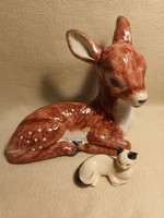 Nagyméretű kerámia őzike + porcelán cica egyben