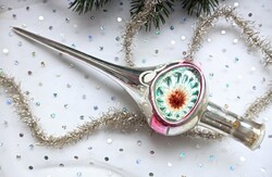 Régi ezüst festett üveg reflexes karácsonyfa dísz csúcsdísz 23cm