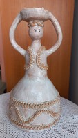Mázas kerámia, art deco, fején gyümölcsös kosarat tartó női szobor, 29 cm