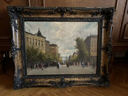 Antik festmény városkép utcarészlet Budapesti ? utcakép eredeti Berkes Antal festmény szép keretben