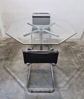 Bauhaus stílusú, vintage olasz csővázas, krómozott üveg étkezőasztal
