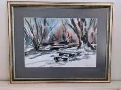 Petkes József :  " Téli park"  akvarell