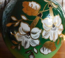 Wallendorfi vintage méregzöld gömbváza  relief aranyozással 14.5 cm