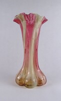 1T610 Régi muránói fújtüveg rózsaszín - fehér fodros váza 27.8 cm