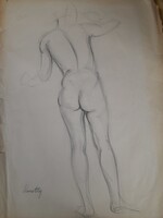 Kmetty János Nagy Egész Alakos Ceruzarajz,Grafika Akt. 60 x 43 cm.
