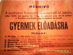 Meghívó a sashalmi elemi iskola jótékonysági műsoros estjére (1933, Sashalom)