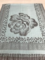 Cashmere Scarf with Water Blue Base and Medium Gray Pattern, 180 x 70 cm