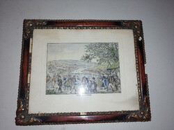 OFEN UND PESTH - ANTIK SZÍNEZETT XIX. SZ.-I RÉZKARC - VÍGADALOM HUSZÁROKKAL