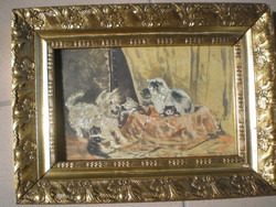 RÉGI XX. századi FESTMÉNY , JELZETT .  MACSKA láthaó az alkotáson KLASSZIKUS KERET-ben .