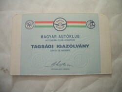 Magyar Autóklub tagsági igazolvány 1992