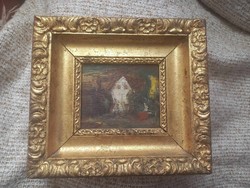 Miniatűr olajfestmény díszes vastag fa keretben