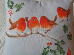 Kékesszürke téli / karácsonyi díszpárnahuzat vörösbegyekkel / madarakkal