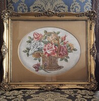 Beautiful Antique Wood Blondel Frame with Roses in a Basket Gobelin