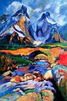 Hegyi patak híddal - olajfestmény 40x60cm