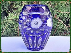 Beautiful Blue Crystal Vase, Hand-Cut Flower Pattern