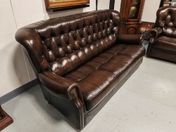 Extra ritka állapotú Chesterfield ülőgarnitúra GYÖNYÖRŰ antikolt  barna bőr, patinás állapotban