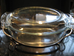 Nagy kékes ,ovális PYREX tál, kacsasütő, rozsdamentes tartóval, alátéttel