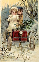 Antik dombornyomott Karácsonyi üdvözlő képeslap - gyerekek , téli táj, automobil, fenyőfa 1903ból