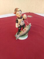 Kis horgász, nagy hallal, antik Friedel porcelán , 15 cm,,