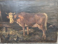 Antik olajfestmény; istállóban