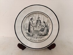 Antik ónmázas fajansz porcelán tányér zsidó kereskedő ékszer árus motívummal Maastricht 460 9885
