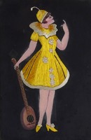 1T567 Régi hímzett festett keretezett gitáros lány kézimunka 34.5 x 25 cm