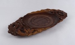 1T566 Régi sárkány díszes teakfa kínáló tál 19 x 36.5 cm