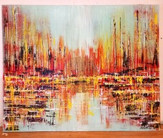 "Csillámló nap a kikötőben"festmény farostlemezen 40 x 50 cm