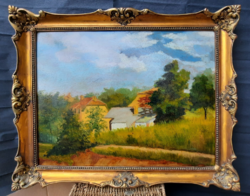 Tscheligi Lajos (1913-2003): Háztetők (olaj) derűs tájkép szép keretben