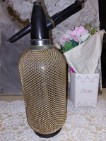 Retro hálós szódásüveg, régi fémhálós nagy szódásszifon